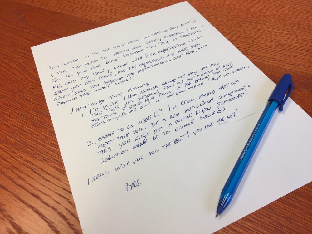 A letter from a recent guest onboard the Belle Amie